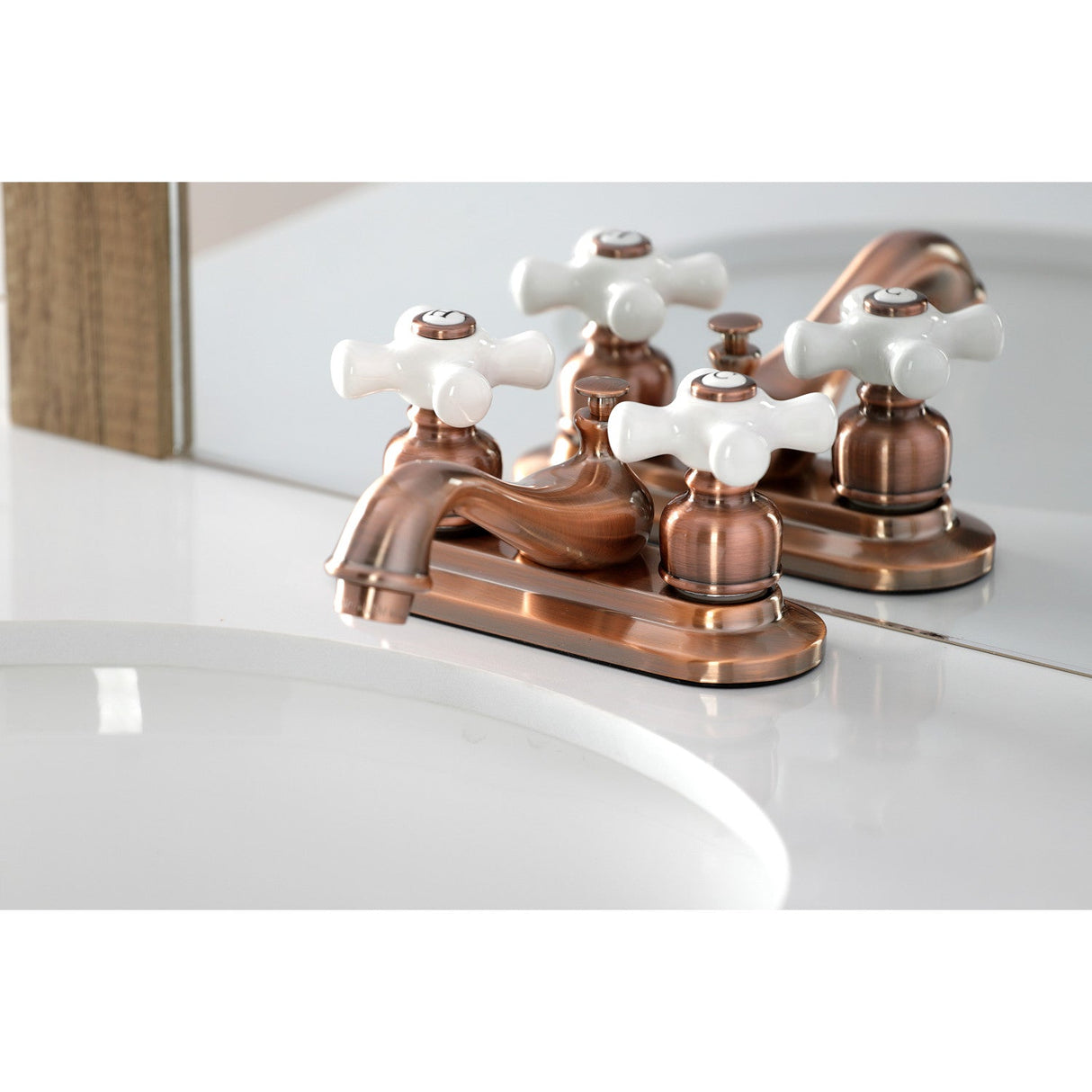 Restoration KB606PX Two-Handle 3-Hole Deck Mount 4" Centerset Bathroom Faucet with Plastic Pop-Up, Antique Copper