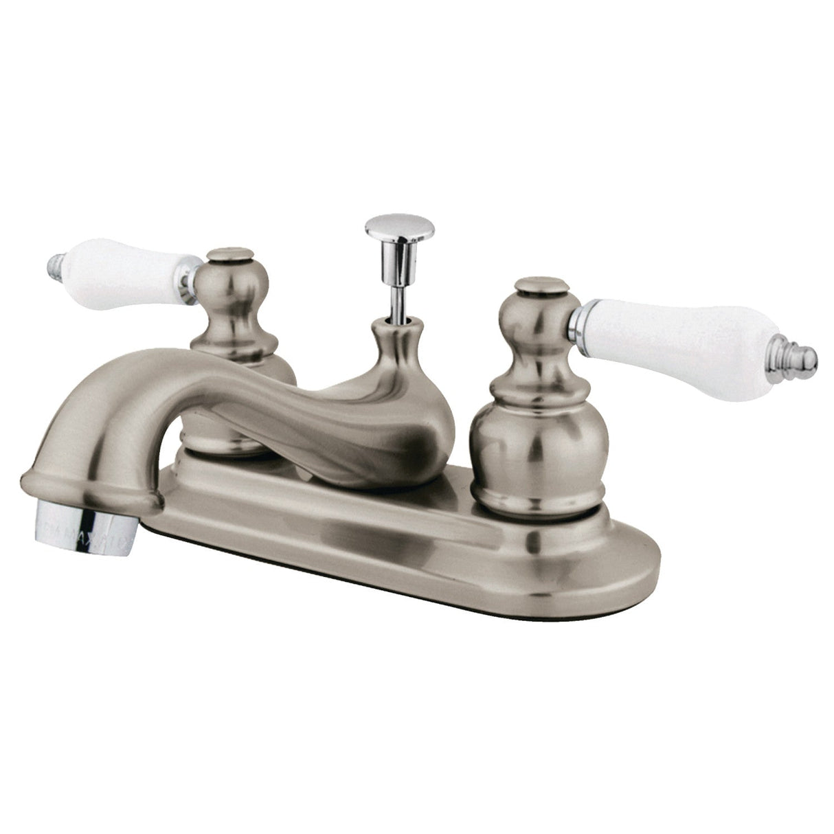 Restoration KB607B Two-Handle 3-Hole Deck Mount 4" Centerset Bathroom Faucet with Plastic Pop-Up, Brushed Nickel/Polished Chrome