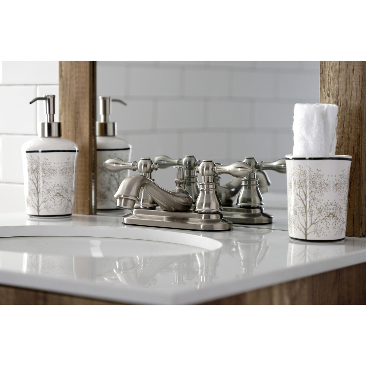 American Classic KB608ACL Two-Handle 3-Hole Deck Mount 4" Centerset Bathroom Faucet with Plastic Pop-Up, Brushed Nickel