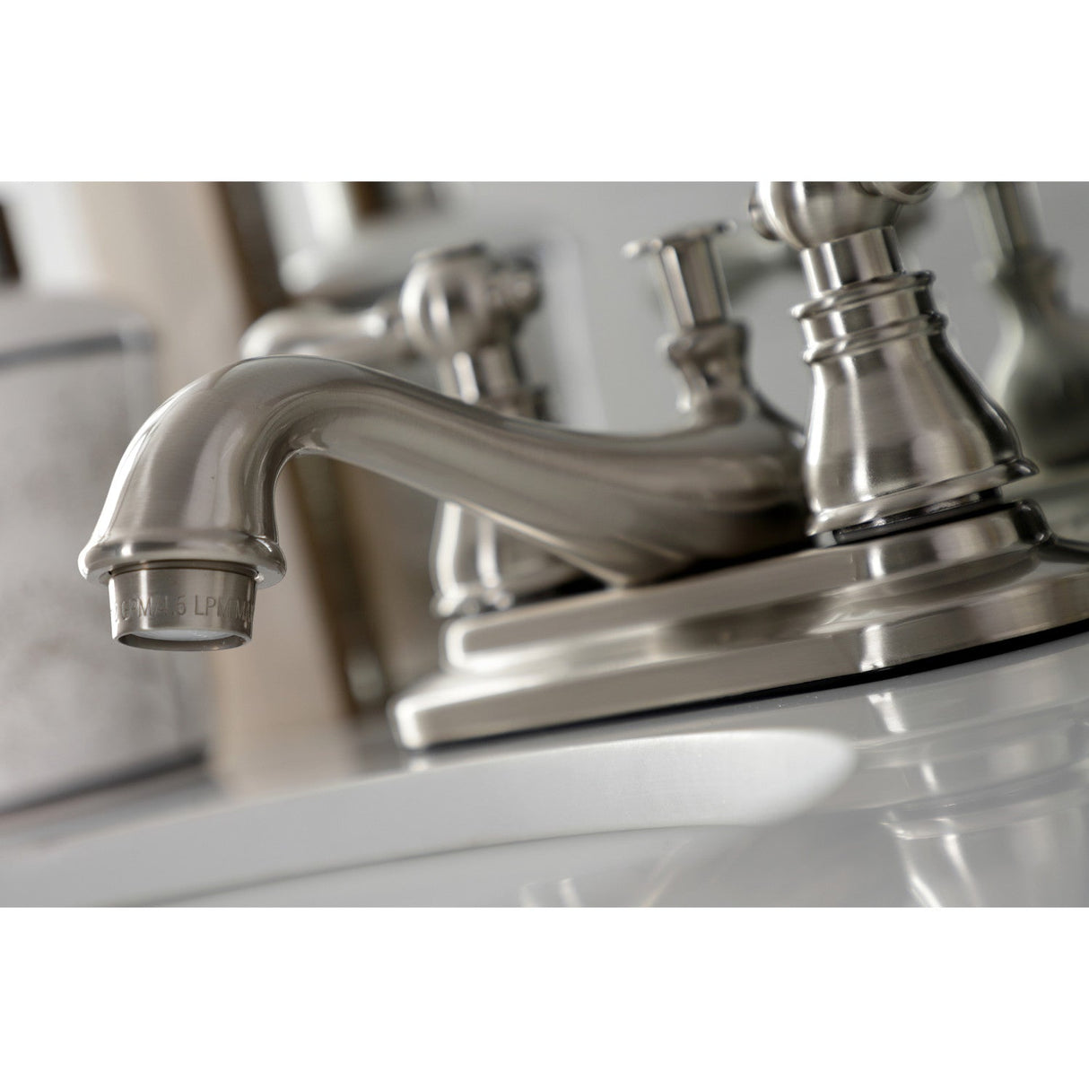 American Classic KB608ACL Two-Handle 3-Hole Deck Mount 4" Centerset Bathroom Faucet with Plastic Pop-Up, Brushed Nickel