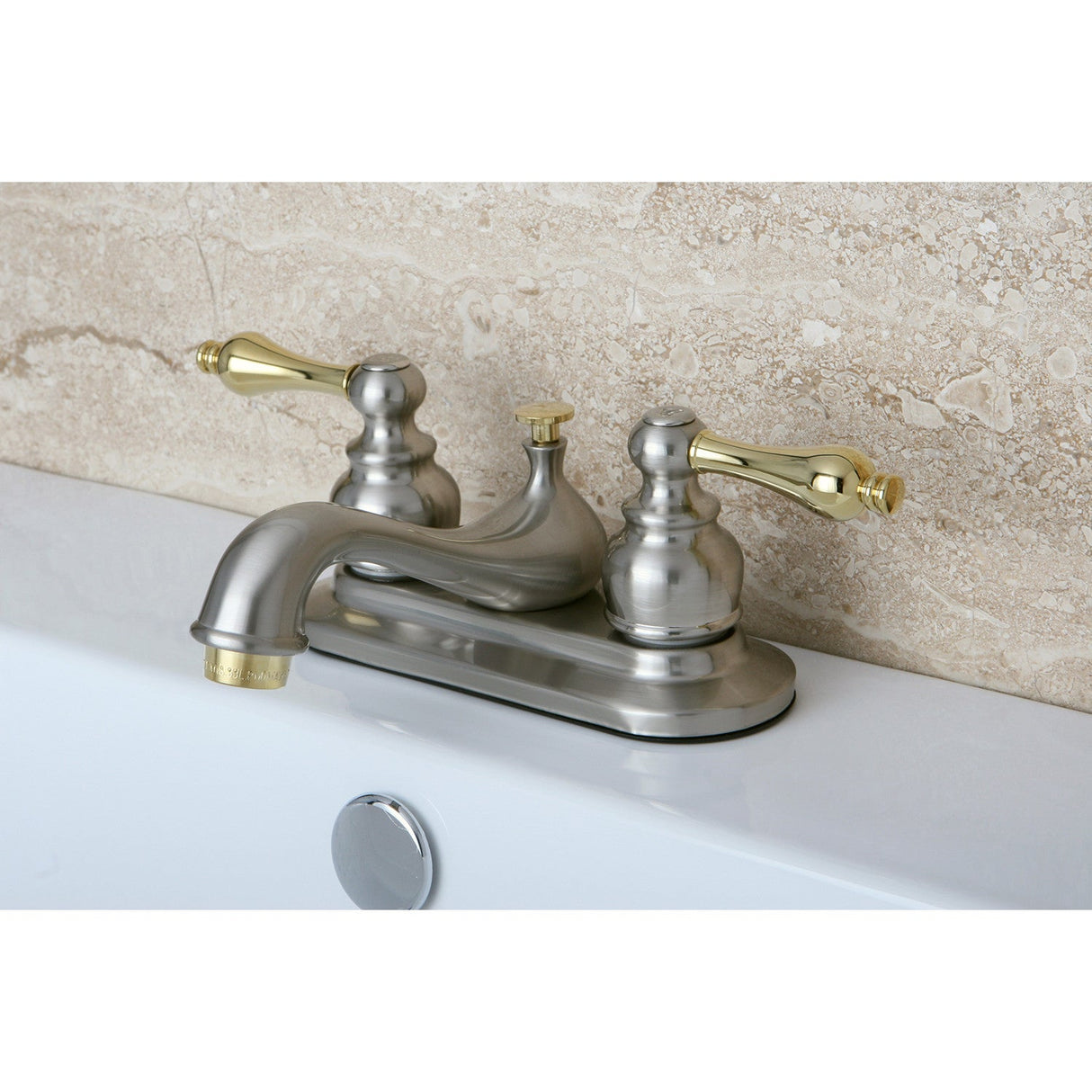 Restoration KB609AL Two-Handle 3-Hole Deck Mount 4" Centerset Bathroom Faucet with Plastic Pop-Up, Brushed Nickel/Polished Brass