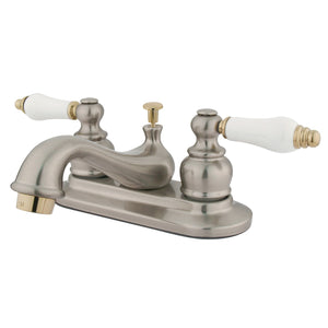 Restoration KB609B Two-Handle 3-Hole Deck Mount 4" Centerset Bathroom Faucet with Plastic Pop-Up, Brushed Nickel/Polished Brass