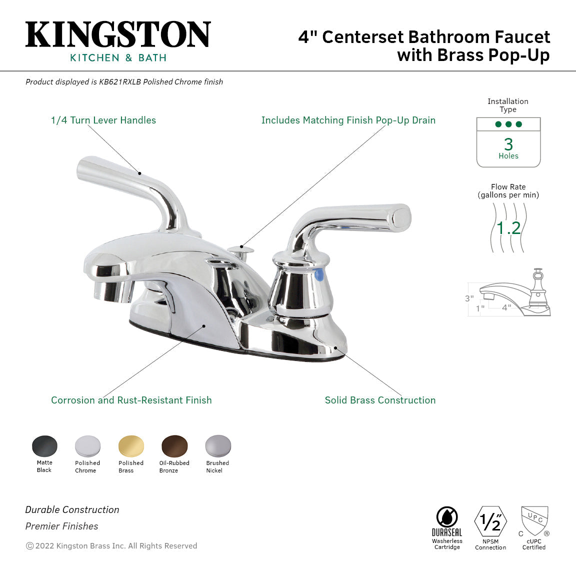 Restoration KB621RXLB Two-Handle 3-Hole Deck Mount 4" Centerset Bathroom Faucet with Brass Pop-Up, Polished Chrome