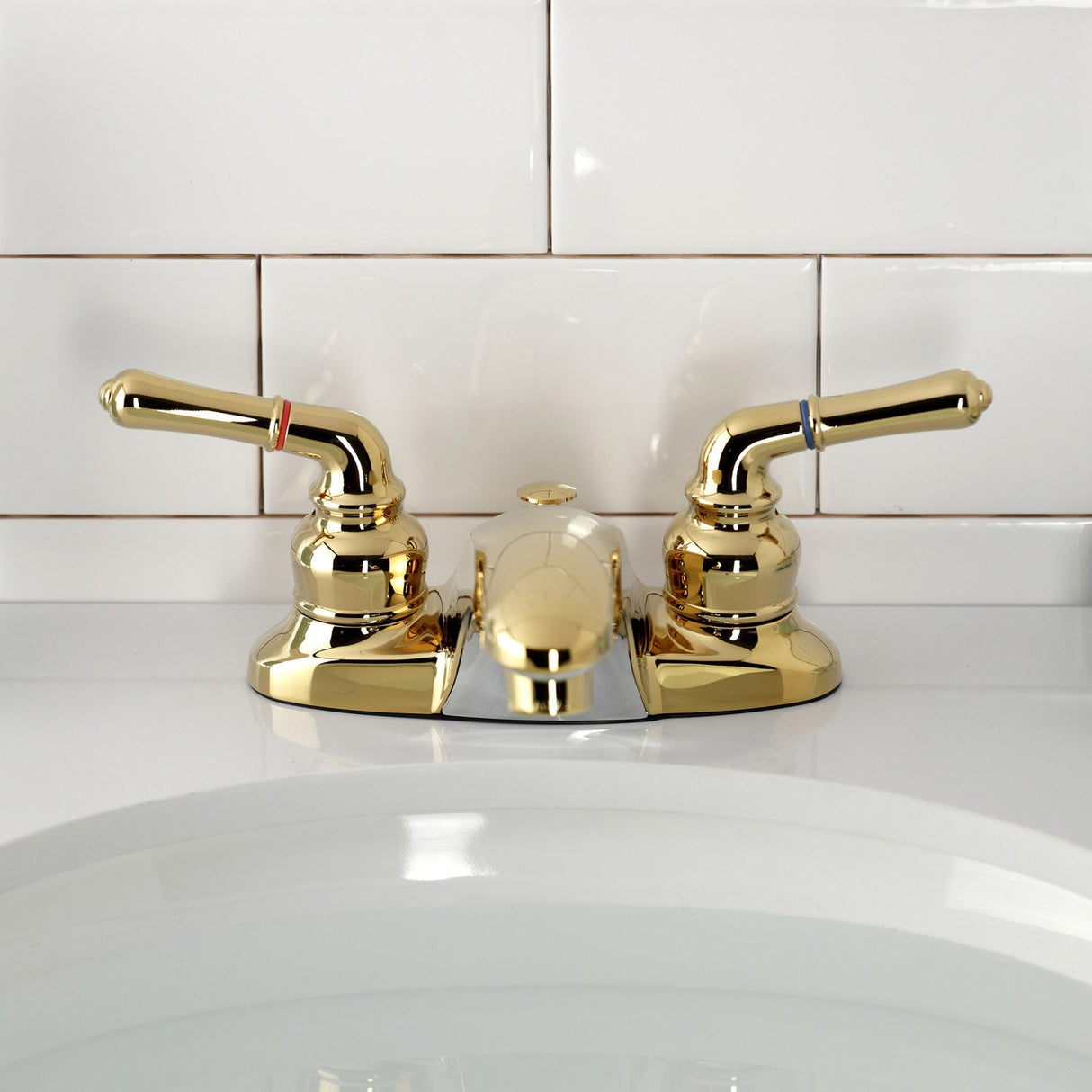 Magellan KB622 Two-Handle 3-Hole Deck Mount 4" Centerset Bathroom Faucet with Plastic Pop-Up, Polished Brass