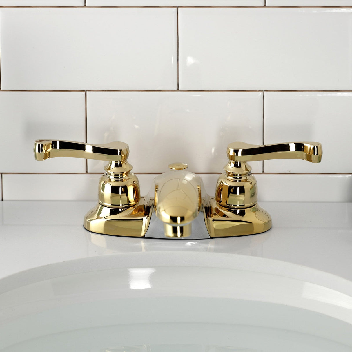 Magellan KB622FL Two-Handle 3-Hole Deck Mount 4" Centerset Bathroom Faucet with Plastic Pop-Up, Polished Brass