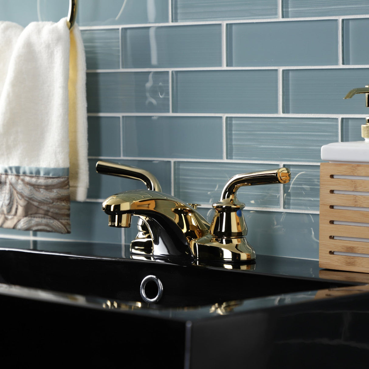 Restoration KB622RXLB Two-Handle 3-Hole Deck Mount 4" Centerset Bathroom Faucet with Brass Pop-Up, Polished Brass