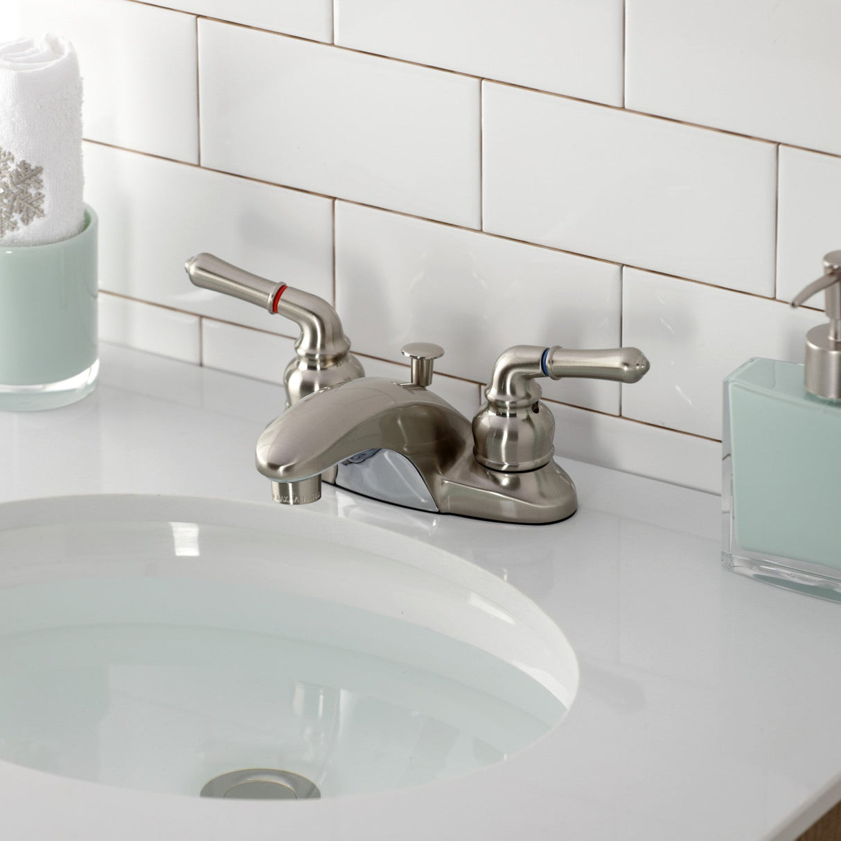 Magellan KB628 Two-Handle 3-Hole Deck Mount 4" Centerset Bathroom Faucet with Plastic Pop-Up, Brushed Nickel