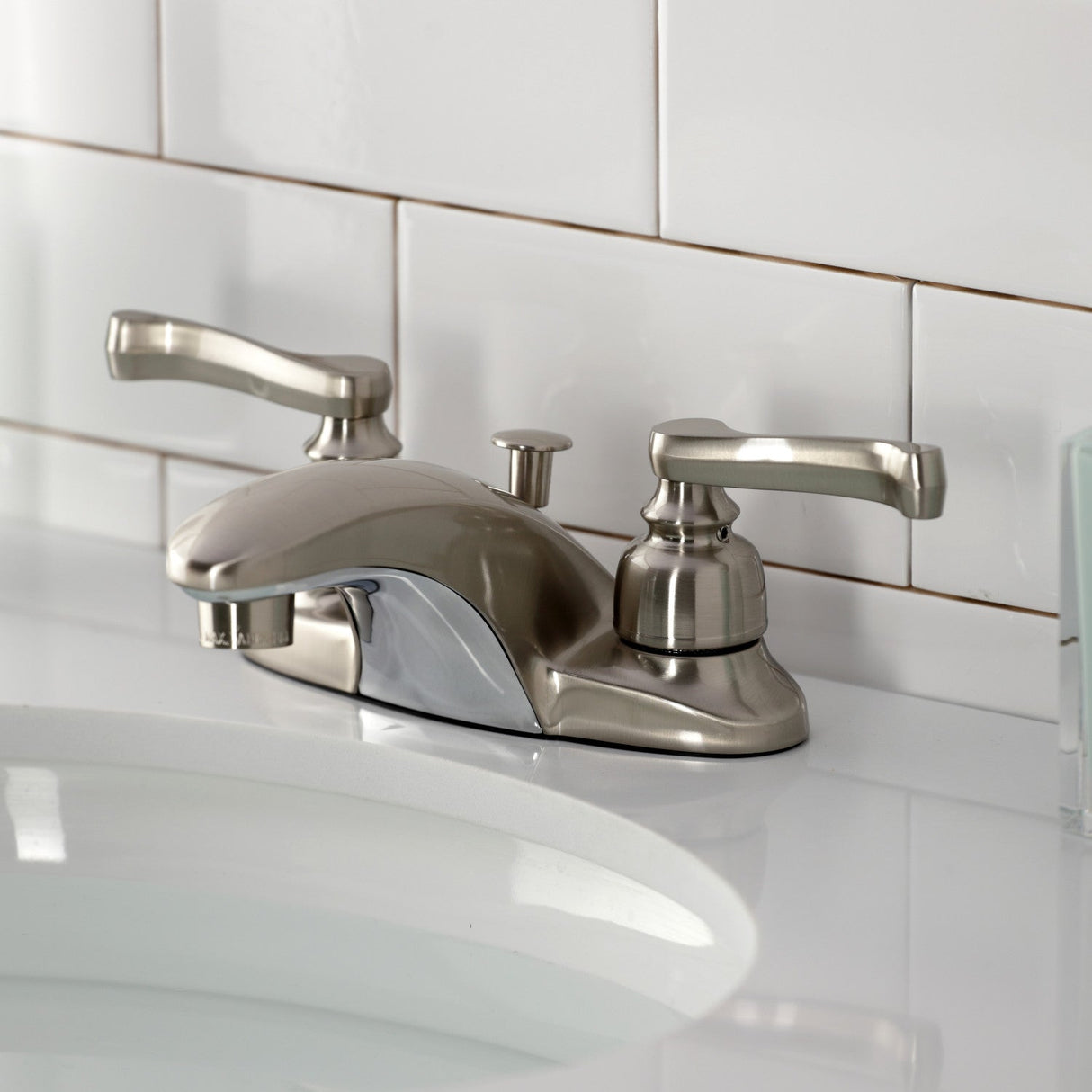 Magellan KB628FL Two-Handle 3-Hole Deck Mount 4" Centerset Bathroom Faucet with Plastic Pop-Up, Brushed Nickel