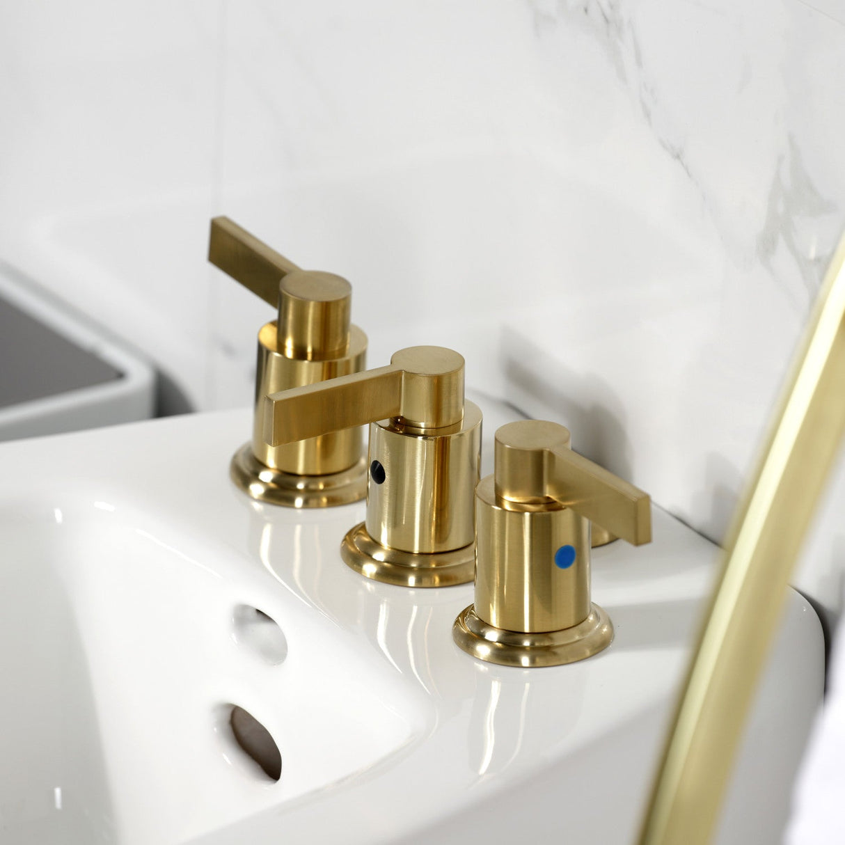 NuvoFusion KB6327NDL Three-Handle Vertical Spray Bidet Faucet with Brass Pop-Up, Brushed Brass