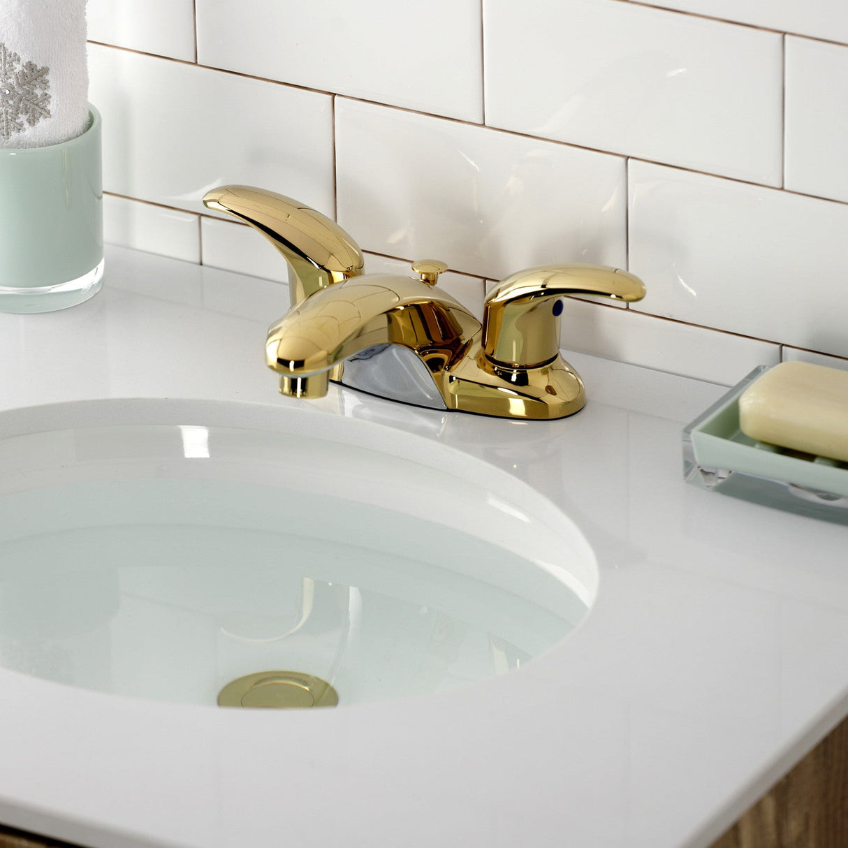 Legacy KB6622LL Two-Handle 3-Hole Deck Mount 4" Centerset Bathroom Faucet with Plastic Pop-Up, Polished Brass