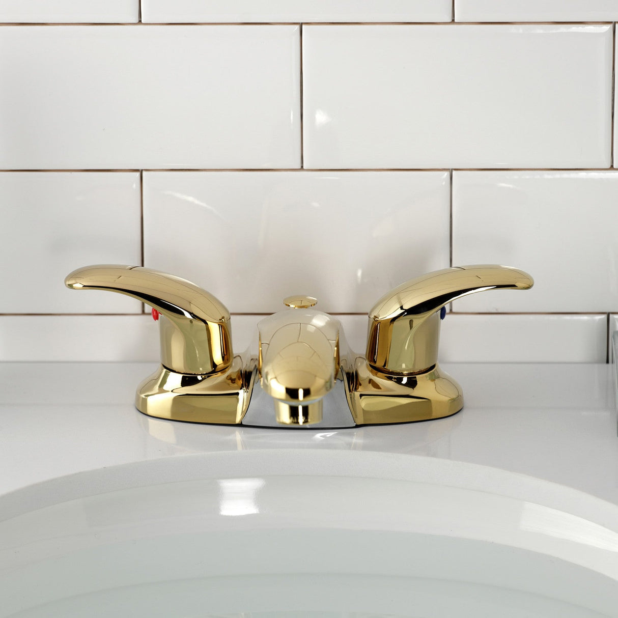 Legacy KB6622LL Two-Handle 3-Hole Deck Mount 4" Centerset Bathroom Faucet with Plastic Pop-Up, Polished Brass