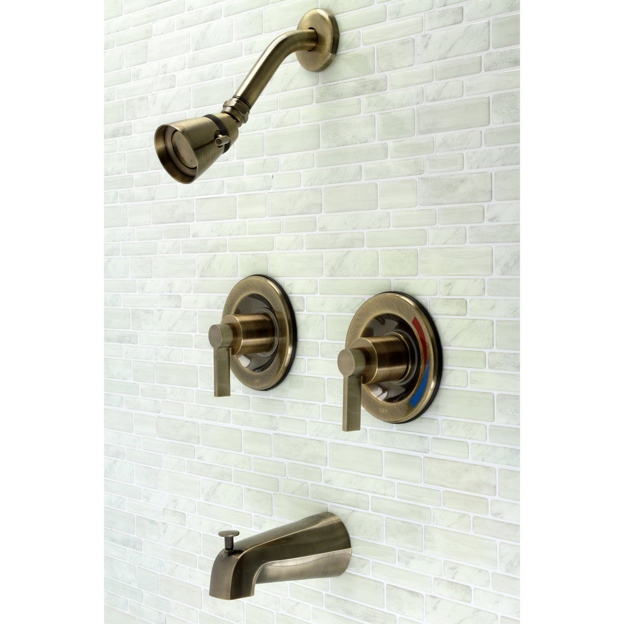 NuvoFusion KB663NDL Two-Handle Wall Mount Tub and Shower Faucet, Antique Brass