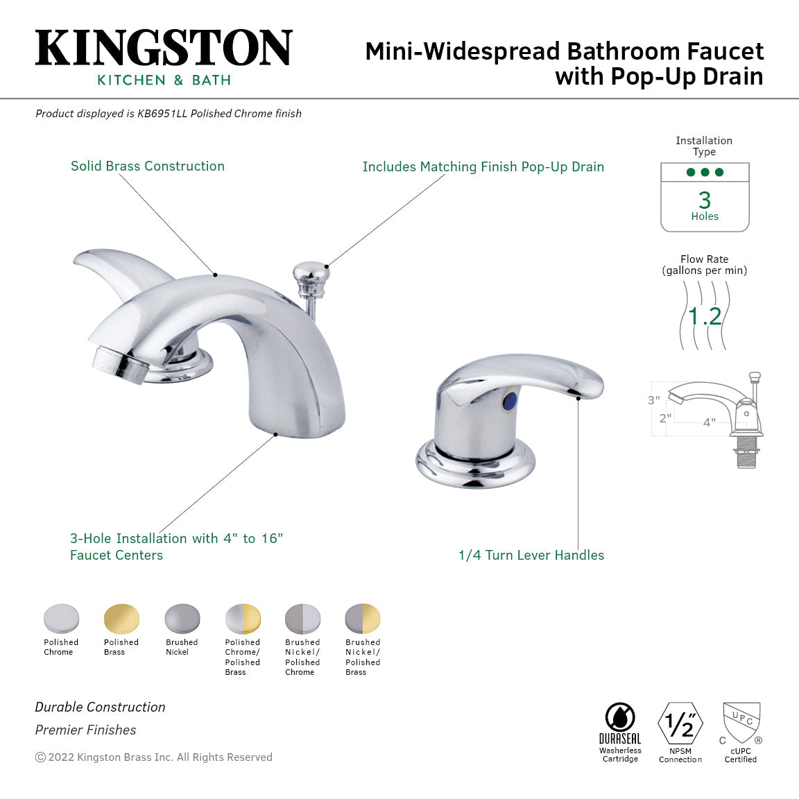 Legacy KB6952LL Two-Handle 3-Hole Deck Mount Mini-Widespread Bathroom Faucet with Plastic Pop-Up, Polished Brass