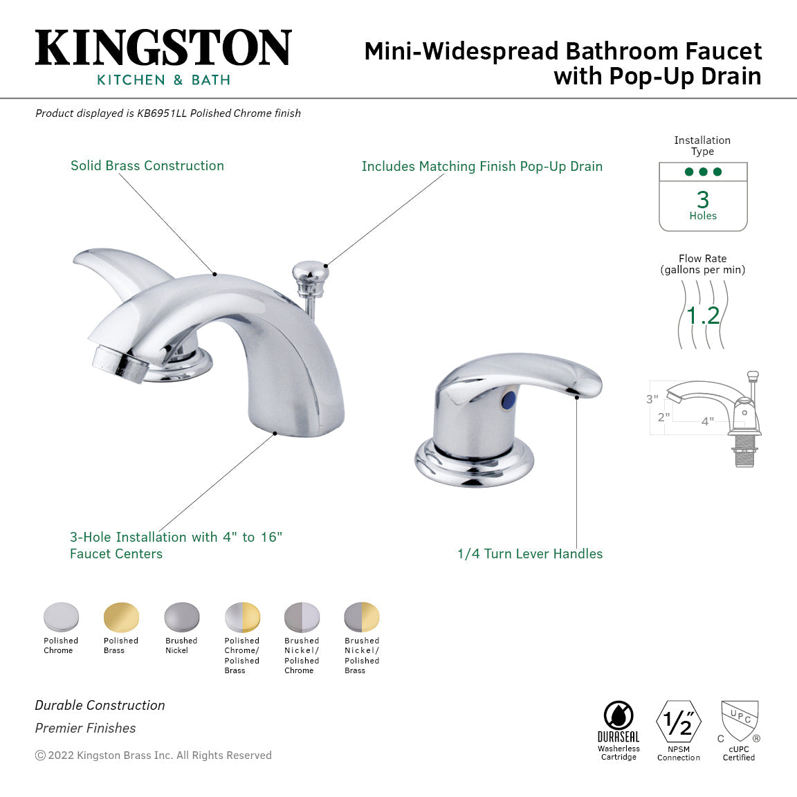 Legacy KB6954LL Two-Handle 3-Hole Deck Mount Mini-Widespread Bathroom Faucet with Plastic Pop-Up, Polished Chrome/Polished Brass