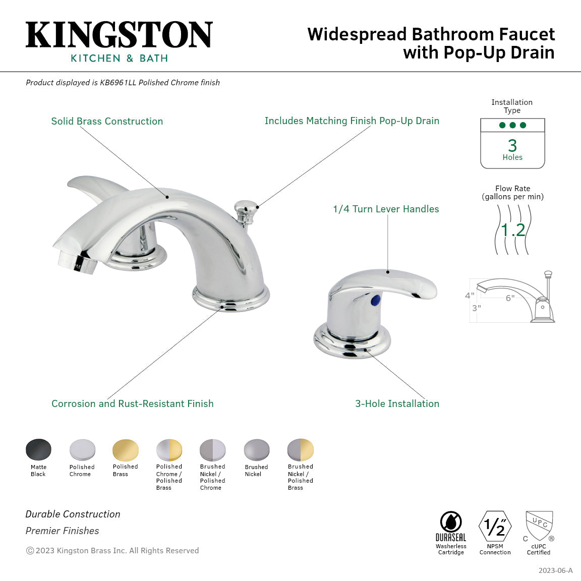 Legacy KB6964LL Two-Handle 3-Hole Deck Mount Widespread Bathroom Faucet with Plastic Pop-Up, Polished Chrome/Polished Brass