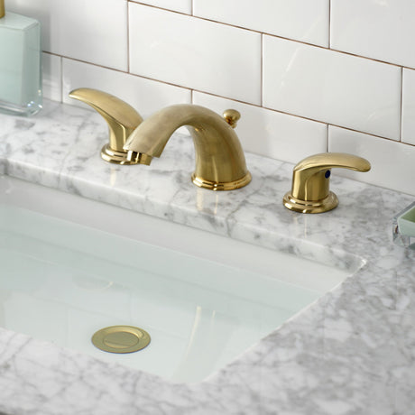 Legacy KB6967LL Two-Handle 3-Hole Deck Mount Widespread Bathroom Faucet with Plastic Pop-Up, Brushed Brass