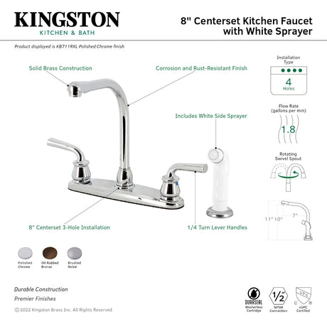 Restoration KB711RXL Two-Handle 4-Hole Deck Mount 8" Centerset Kitchen Faucet with White Sprayer, Polished Chrome