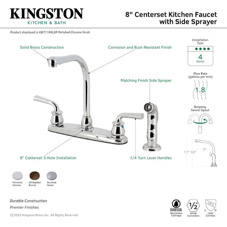 Restoration KB711RXLSP Two-Handle 4-Hole Deck Mount 8" Centerset Kitchen Faucet with Side Sprayer, Polished Chrome
