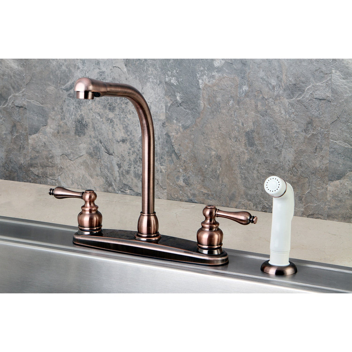 Victorian KB716AL Two-Handle 4-Hole Deck Mount 8" Centerset Kitchen Faucet with Side Sprayer, Antique Copper