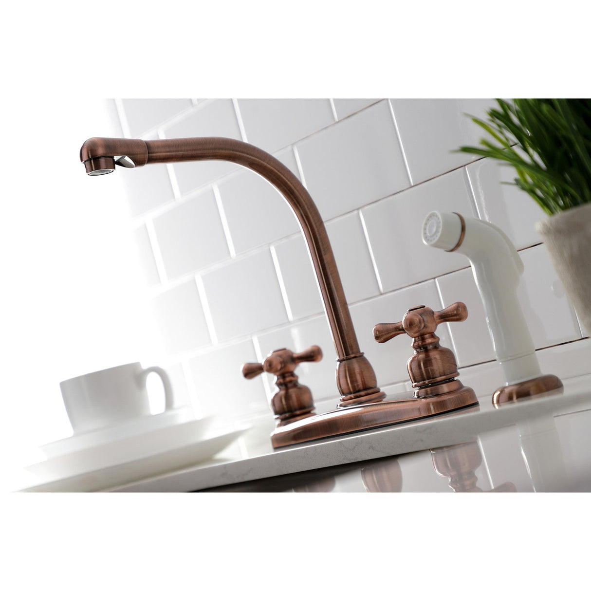 Victorian KB716AX Two-Handle 4-Hole Deck Mount 8" Centerset Kitchen Faucet with Side Sprayer, Antique Copper