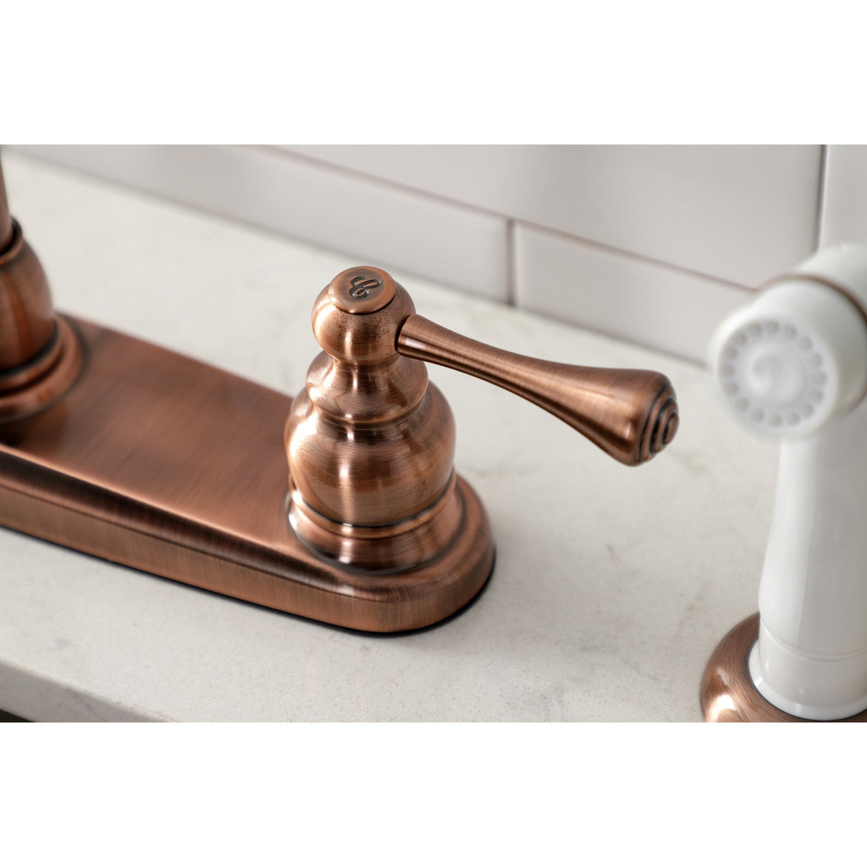 KB716BL Two-Handle 4-Hole Deck Mount 8" Centerset Kitchen Faucet with Side Sprayer, Antique Copper