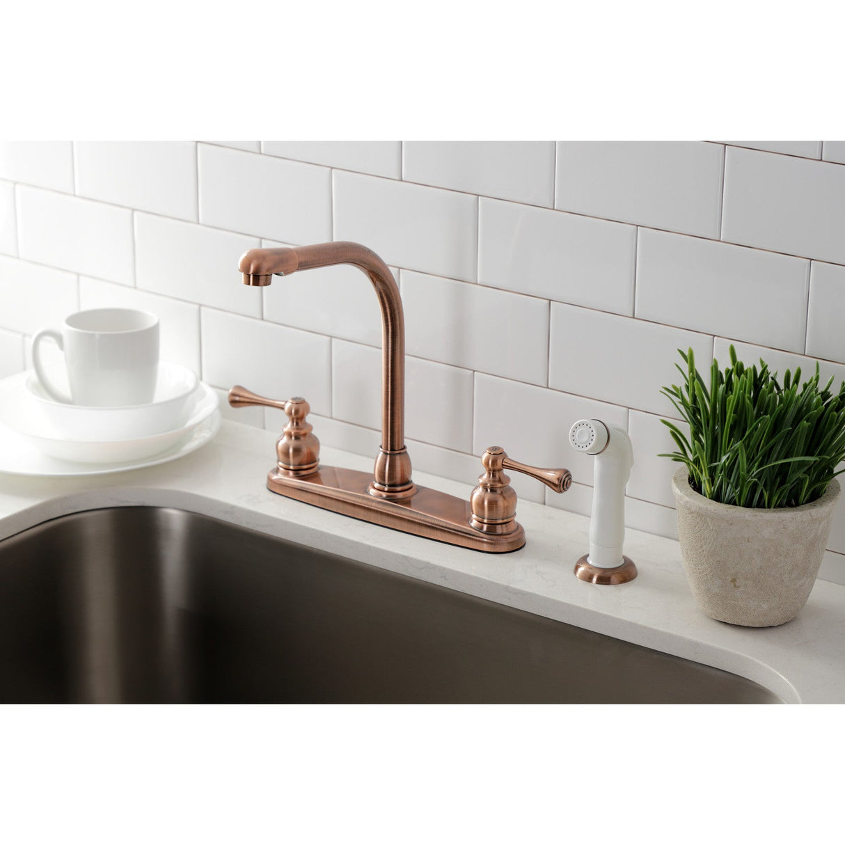 KB716BL Two-Handle 4-Hole Deck Mount 8" Centerset Kitchen Faucet with Side Sprayer, Antique Copper