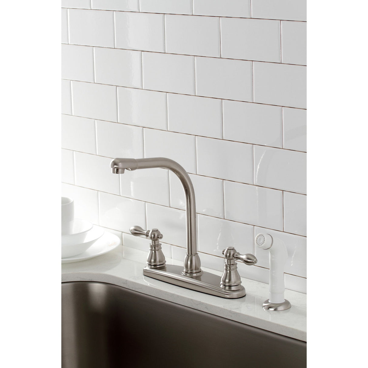 American Classic KB718ACL Two-Handle 4-Hole Deck Mount 8" Centerset Kitchen Faucet with Side Sprayer, Brushed Nickel