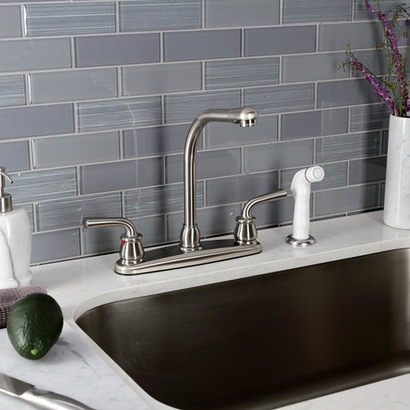Restoration KB718RXL Two-Handle 4-Hole Deck Mount 8" Centerset Kitchen Faucet with White Sprayer, Brushed Nickel