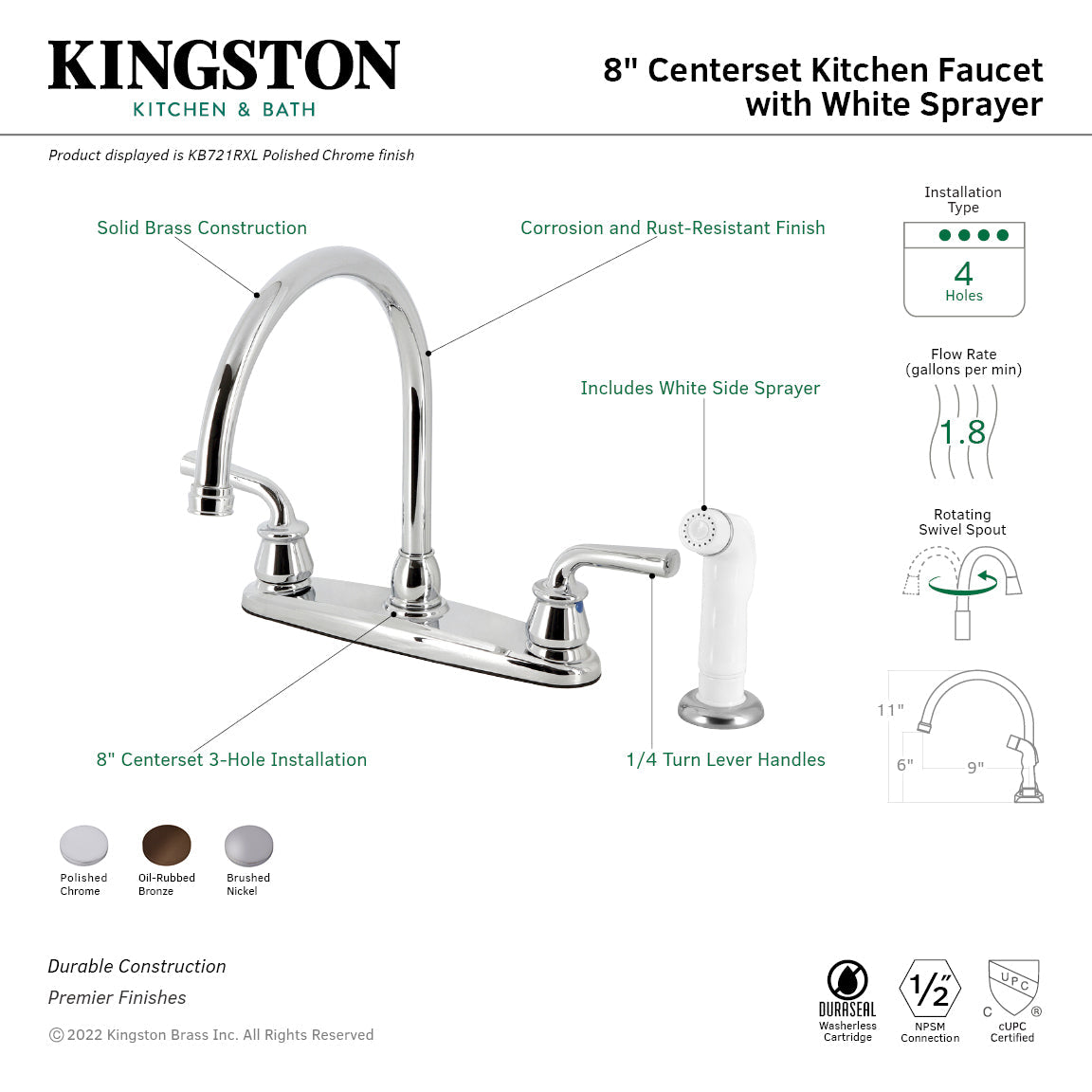 Restoration KB721RXL Two-Handle 4-Hole Deck Mount 8" Centerset Kitchen Faucet with White Sprayer, Polished Chrome