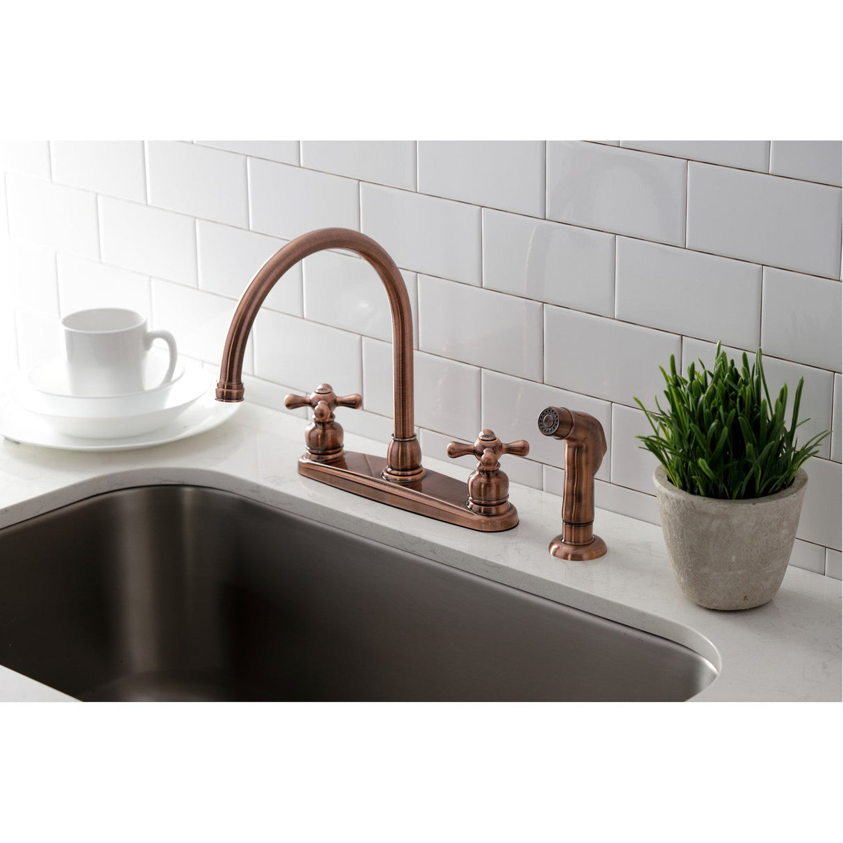 Vintage KB726AXSP Two-Handle 4-Hole Deck Mount 8" Centerset Kitchen Faucet with Side Sprayer, Antique Copper