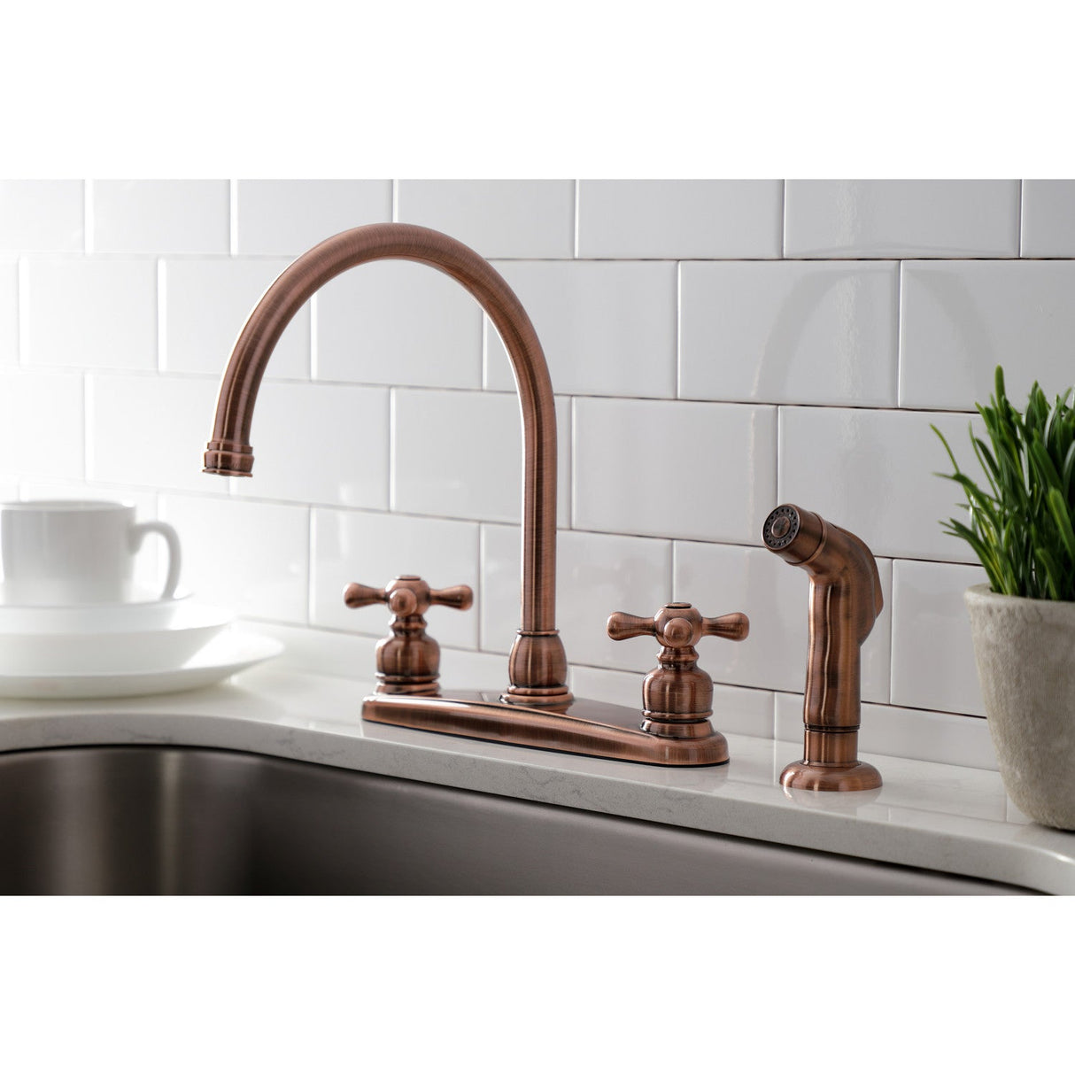 Vintage KB726AXSP Two-Handle 4-Hole Deck Mount 8" Centerset Kitchen Faucet with Side Sprayer, Antique Copper
