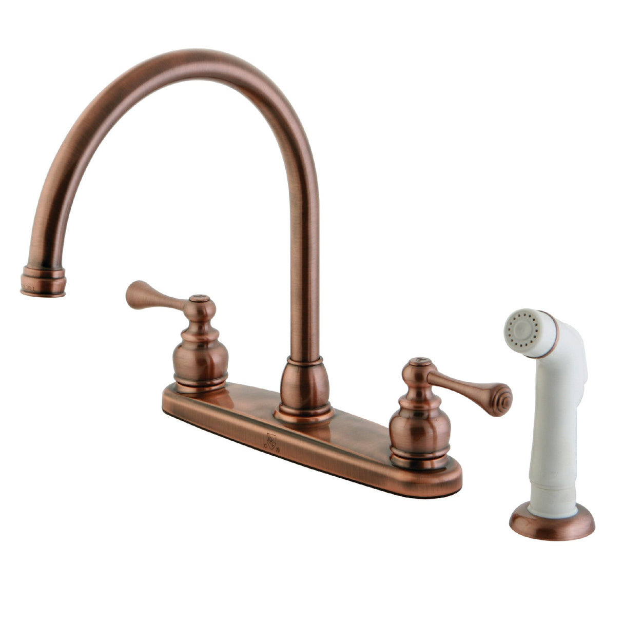 Vintage KB726BL Two-Handle 4-Hole Deck Mount 8" Centerset Kitchen Faucet with Side Sprayer, Antique Copper