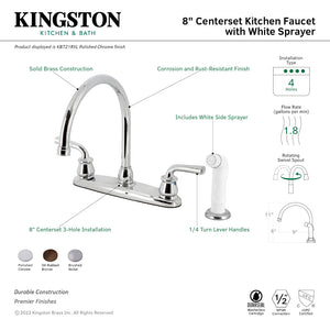 Restoration KB728RXL Two-Handle 4-Hole Deck Mount 8" Centerset Kitchen Faucet with White Sprayer, Brushed Nickel