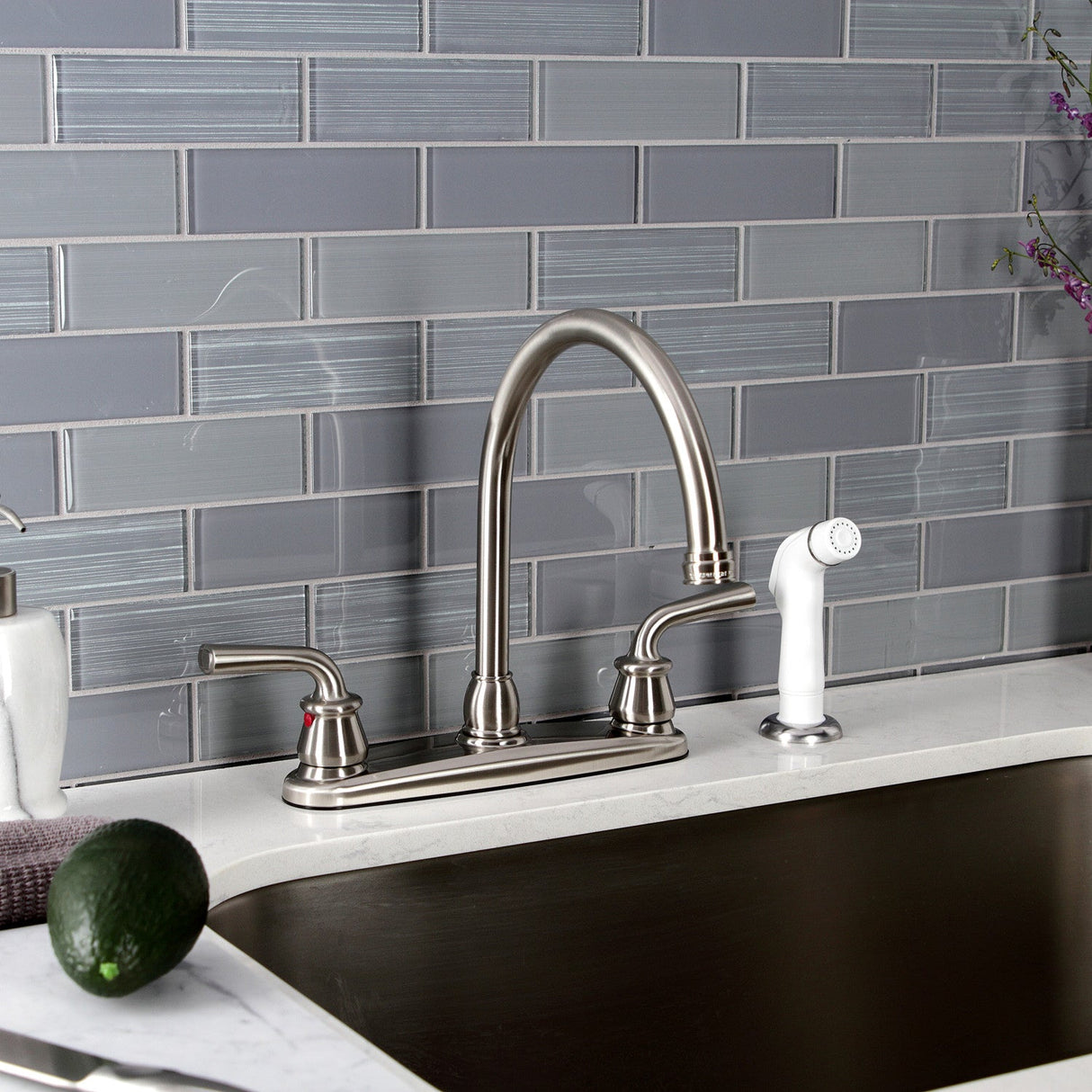 Restoration KB728RXL Two-Handle 4-Hole Deck Mount 8" Centerset Kitchen Faucet with White Sprayer, Brushed Nickel