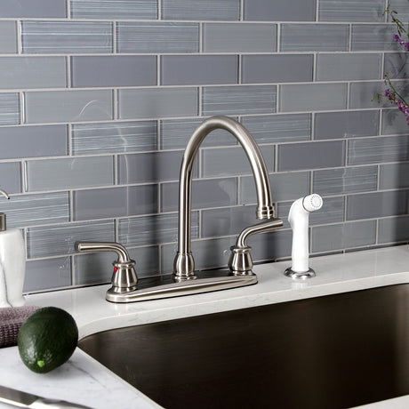 Restoration KB728RXL Two-Handle 4-Hole Deck Mount 8" Centerset Kitchen Faucet with White Sprayer, Brushed Nickel