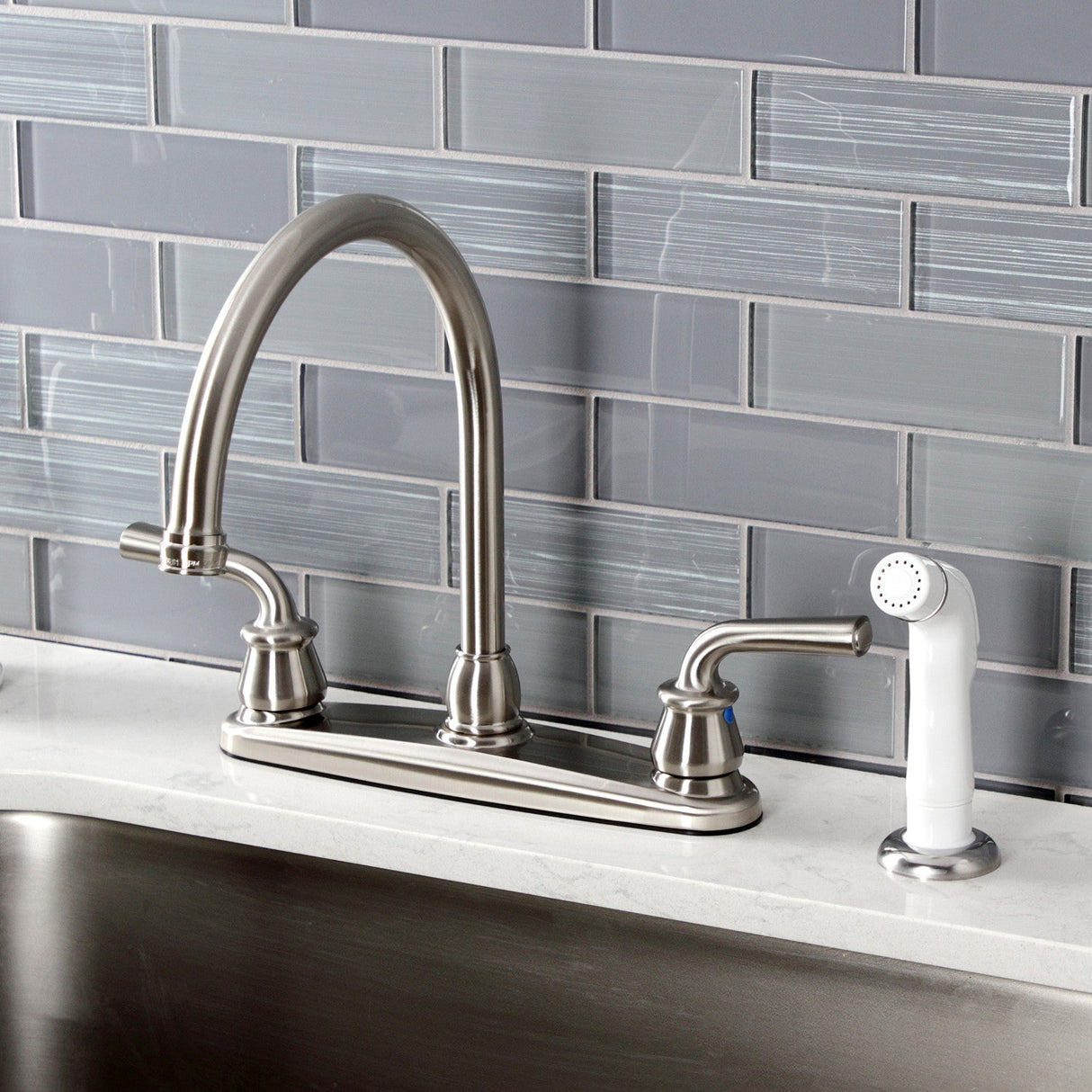 Restoration KB728RXL Two-Handle 4-Hole Deck Mount 8" Centerset Kitchen Faucet with White Sprayer, Brushed Nickel