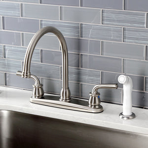 Restoration KB728RXL Two-Handle 4-Hole Deck Mount 8" Centerset Kitchen Faucet with White Sprayer, Brushed Nickel