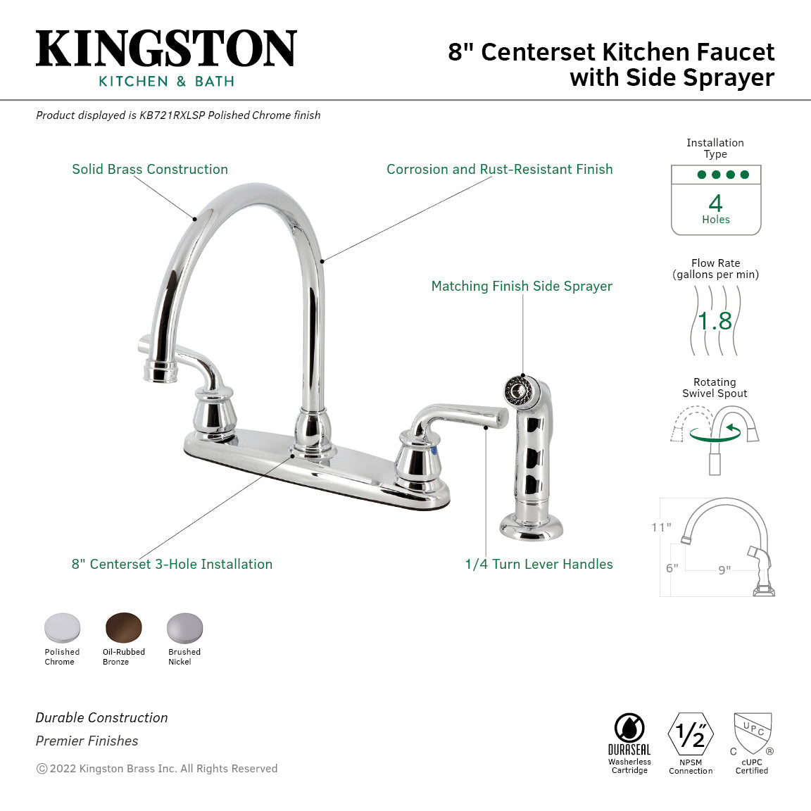 Restoration KB728RXLSP Two-Handle 4-Hole Deck Mount 8" Centerset Kitchen Faucet with Side Sprayer, Brushed Nickel