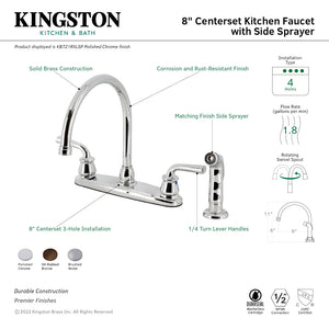 Restoration KB728RXLSP Two-Handle 4-Hole Deck Mount 8" Centerset Kitchen Faucet with Side Sprayer, Brushed Nickel