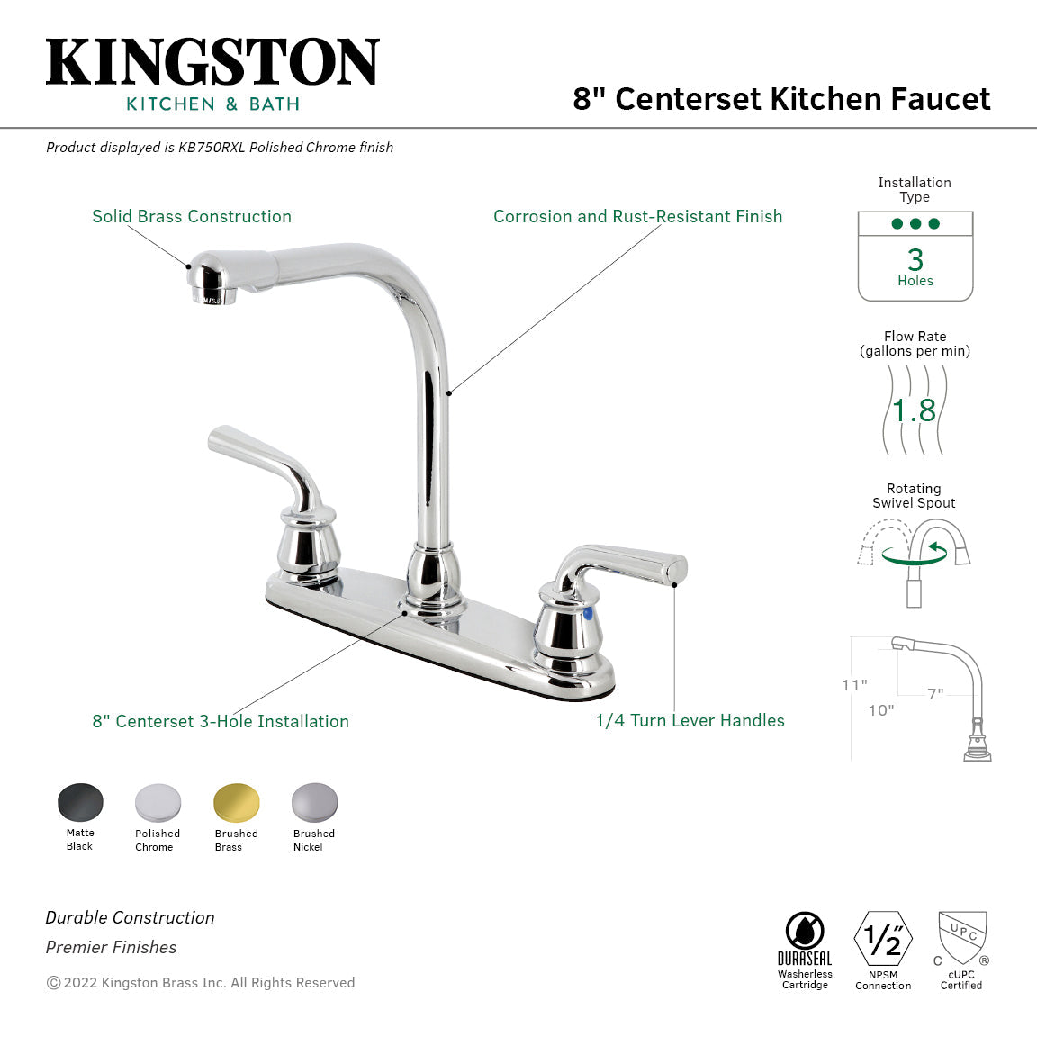 Restoration KB750RXL Two-Handle 2-Hole Deck Mount 8" Centerset Kitchen Faucet, Polished Chrome