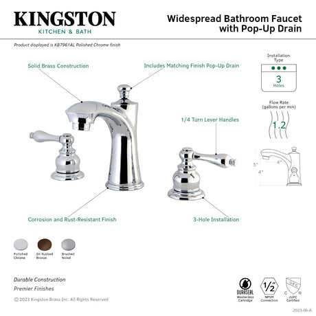 Victorian KB7961AL Two-Handle 3-Hole Deck Mount Widespread Bathroom Faucet with Plastic Pop-Up, Polished Chrome