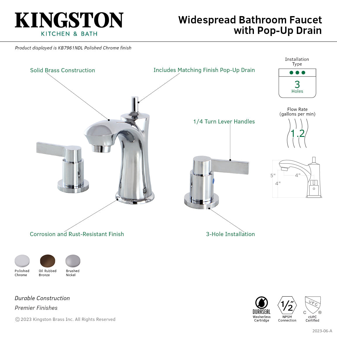 NuvoFusion KB7961NDL Two-Handle 3-Hole Deck Mount Widespread Bathroom Faucet with Plastic Pop-Up, Polished Chrome