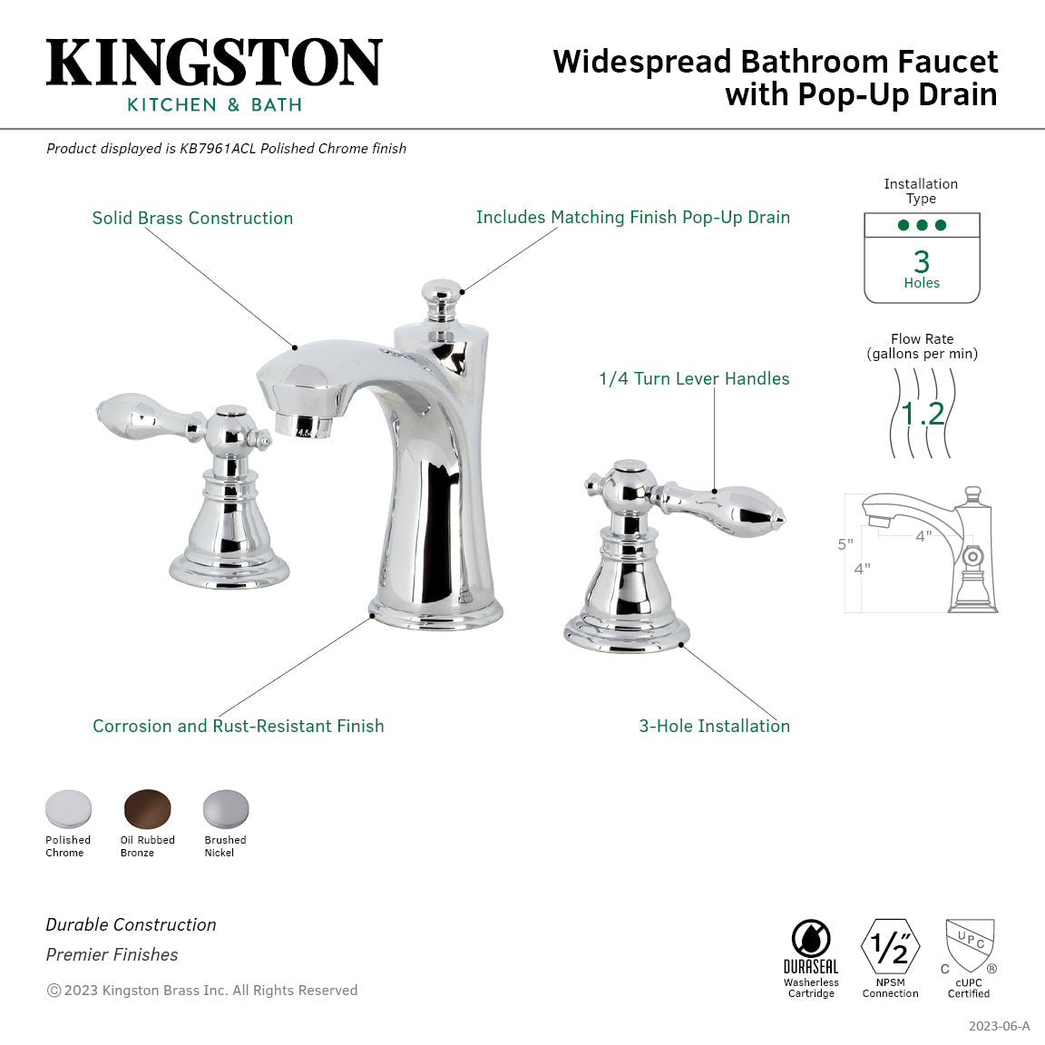 American Classic KB7965ACL Two-Handle 3-Hole Deck Mount Widespread Bathroom Faucet with Plastic Pop-Up, Oil Rubbed Bronze