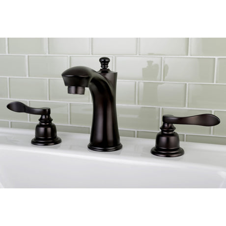 NuWave French KB7965NFL Two-Handle 3-Hole Deck Mount Widespread Bathroom Faucet with Plastic Pop-Up, Oil Rubbed Bronze