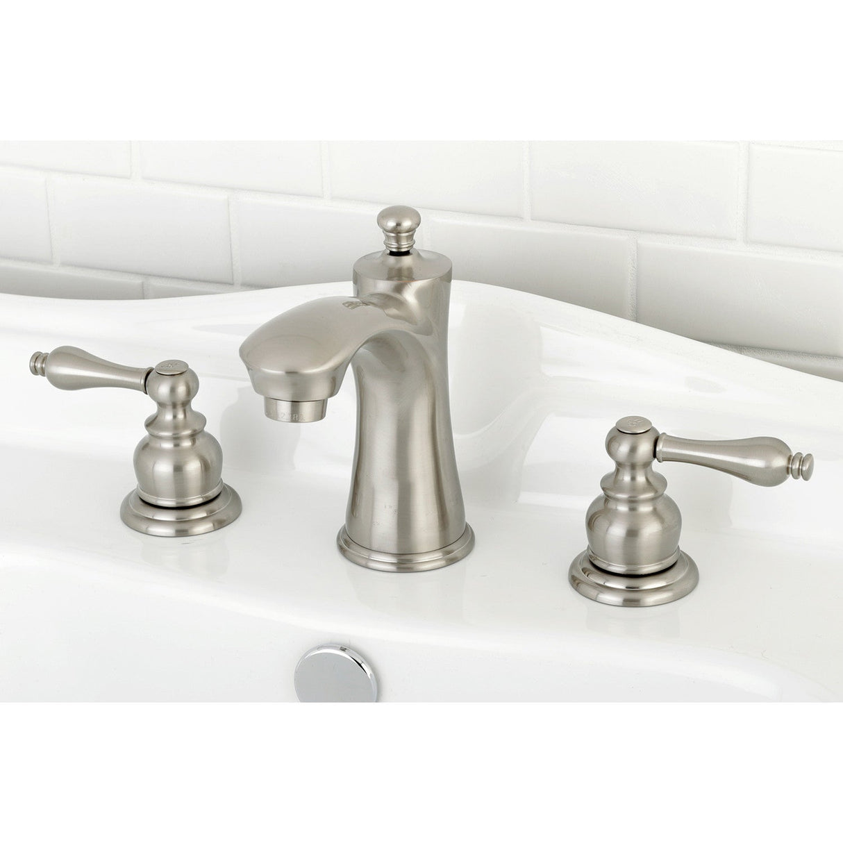 Victorian KB7968AL Two-Handle 3-Hole Deck Mount Widespread Bathroom Faucet with Plastic Pop-Up, Brushed Nickel