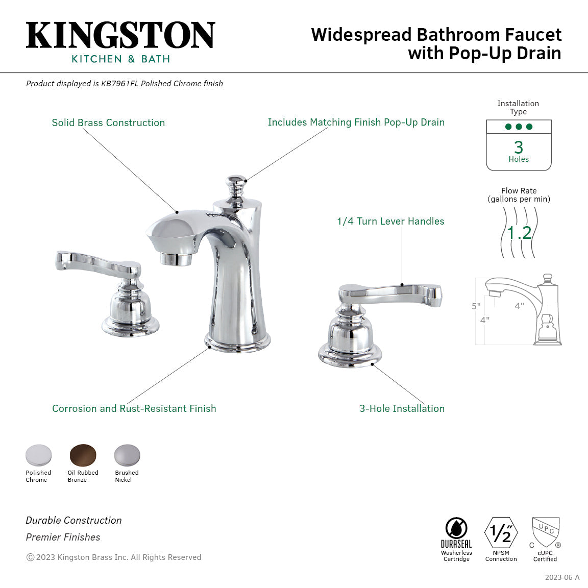 Royale KB7968FL Two-Handle 3-Hole Deck Mount Widespread Bathroom Faucet with Plastic Pop-Up, Brushed Nickel