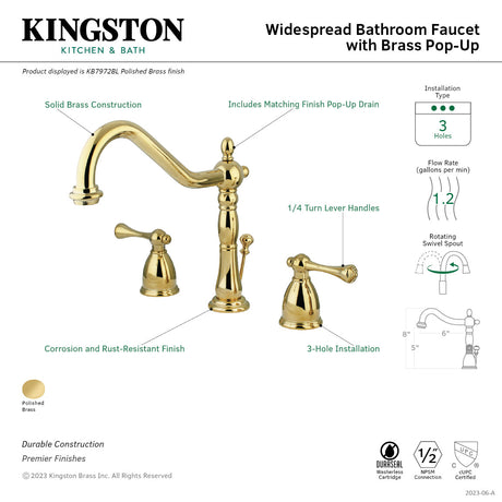English Vintage KB7972BL Two-Handle 3-Hole Deck Mount Widespread Bathroom Faucet with Brass Pop-Up, Polished Brass