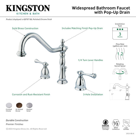 English Vintage KB7975BL Two-Handle 3-Hole Deck Mount Widespread Bathroom Faucet with Brass Pop-Up, Oil Rubbed Bronze