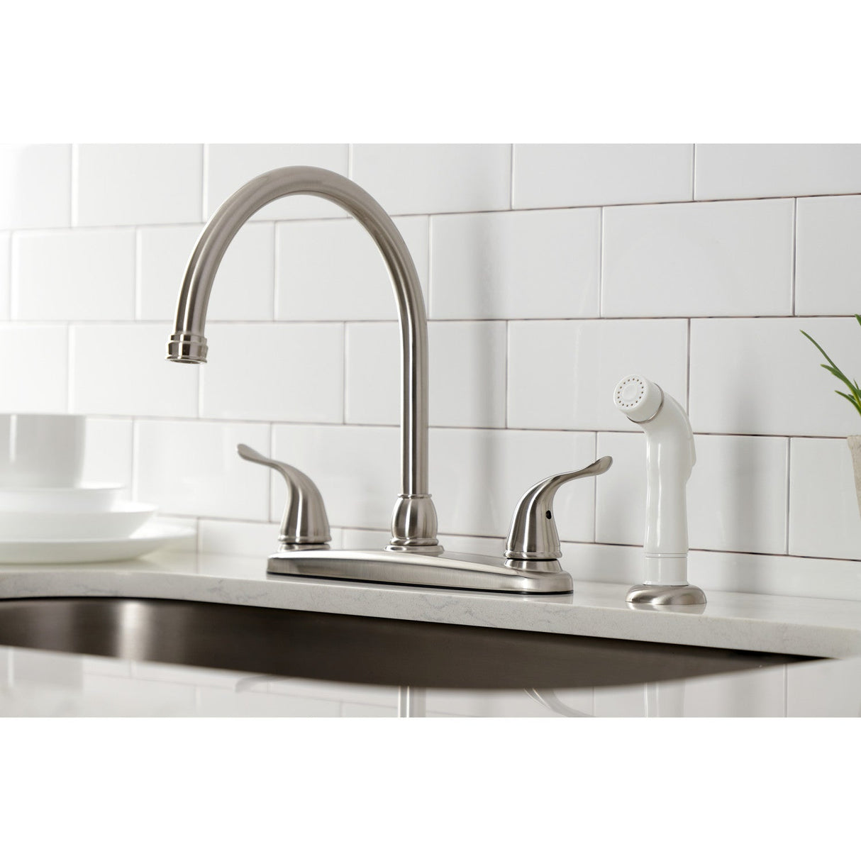 Yosemite KB798YL Two-Handle 4-Hole Deck Mount 8" Centerset Kitchen Faucet with Side Sprayer, Brushed Nickel