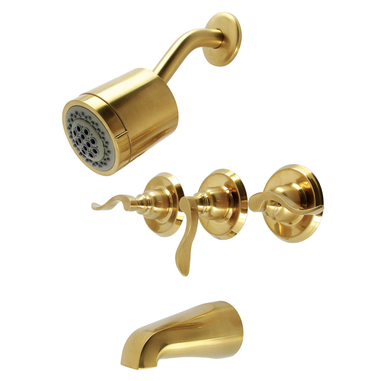 NuWave French KB8237NFL Three-Handle 5-Hole Wall Mount Tub and Shower Faucet, Brushed Brass